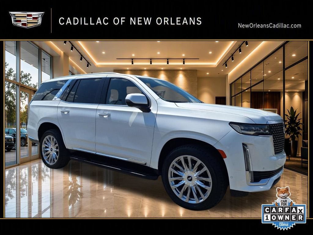 2023 Cadillac Escalade Premium Luxury in Crystal White Tricoat — front three-quarter view